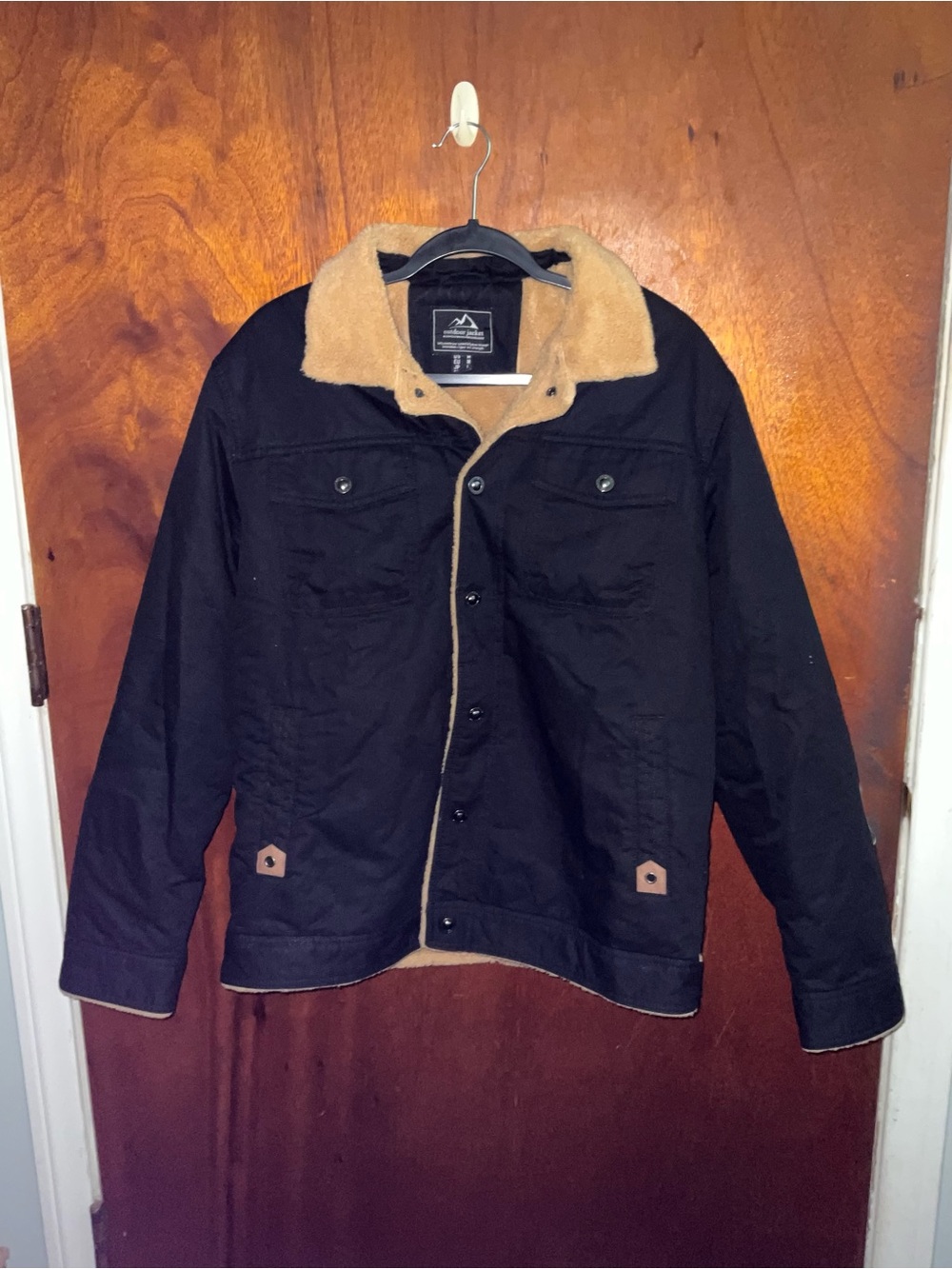 Men's Black Sherpa-Lined Shirt Jacket with Tan Collar